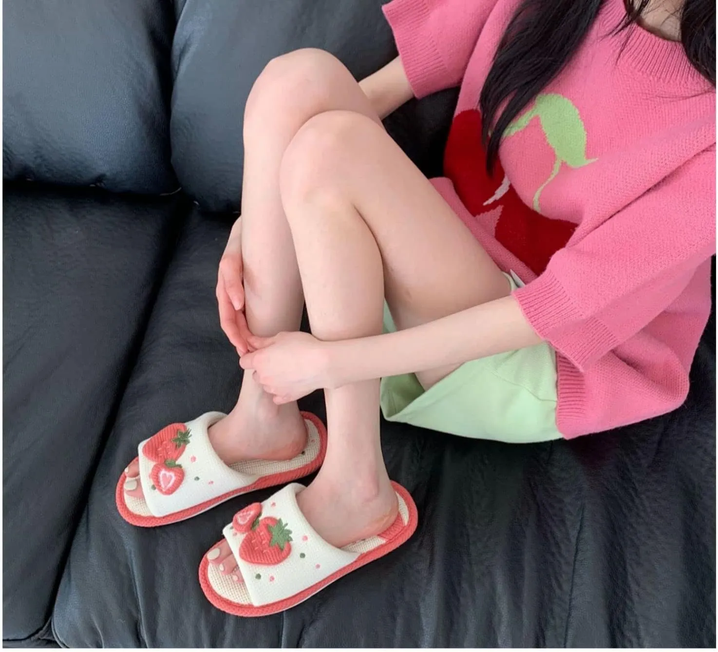 Kawaii Women's Strawberry Linen Cotton Slippers - Indoor Non-Slip Floor Slides
