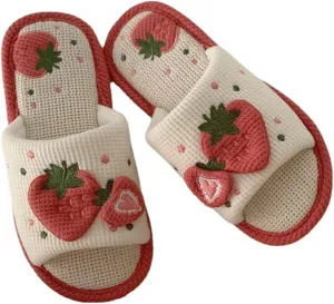 Kawaii Women's Strawberry Linen Cotton Slippers - Indoor Non-Slip Floor Slides