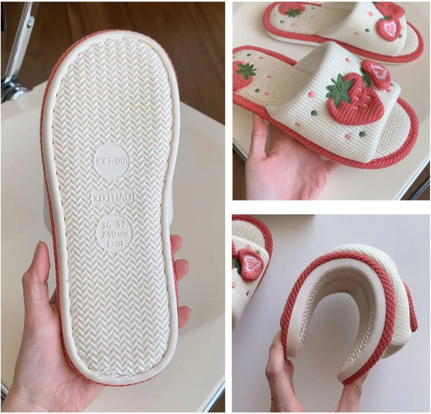 Kawaii Women's Strawberry Linen Cotton Slippers - Indoor Non-Slip Floor Slides