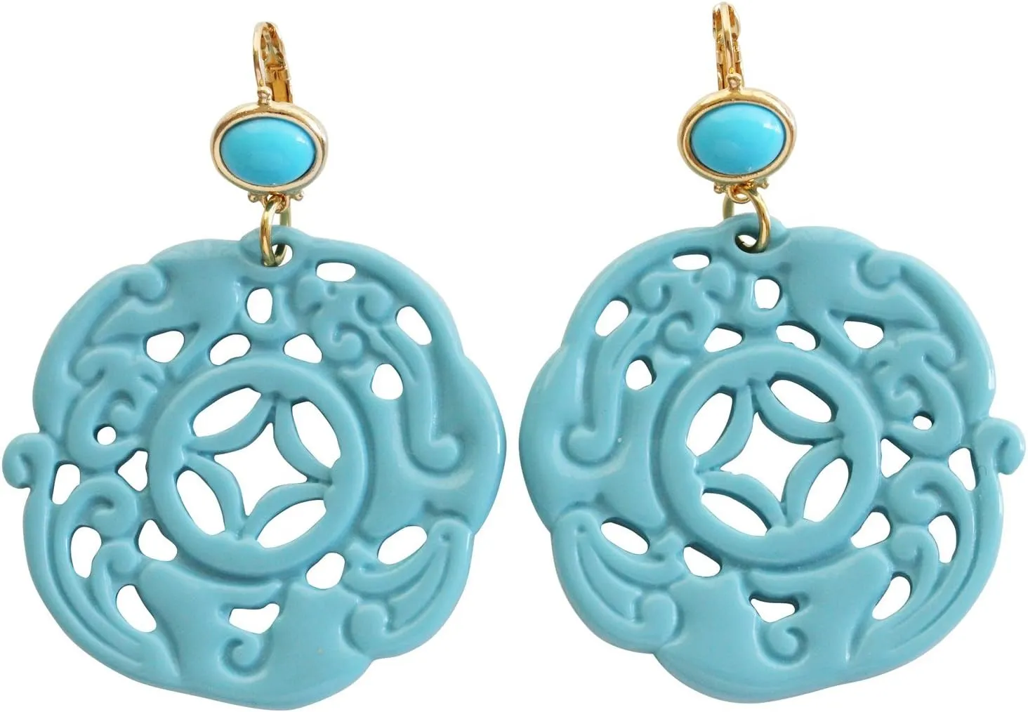 Kenneth Jay Lane Carved Round Oriental Blue Drop Earrings 8860ETT