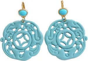 Kenneth Jay Lane Carved Round Oriental Blue Drop Earrings 8860ETT