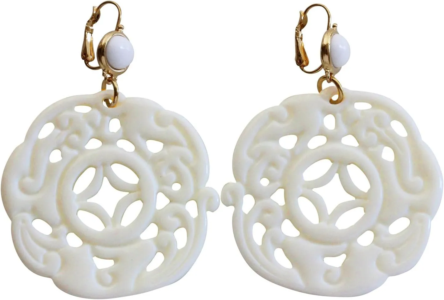 Kenneth Jay Lane Carved Round Oriental White Cream Drop Earrings 8860EWW