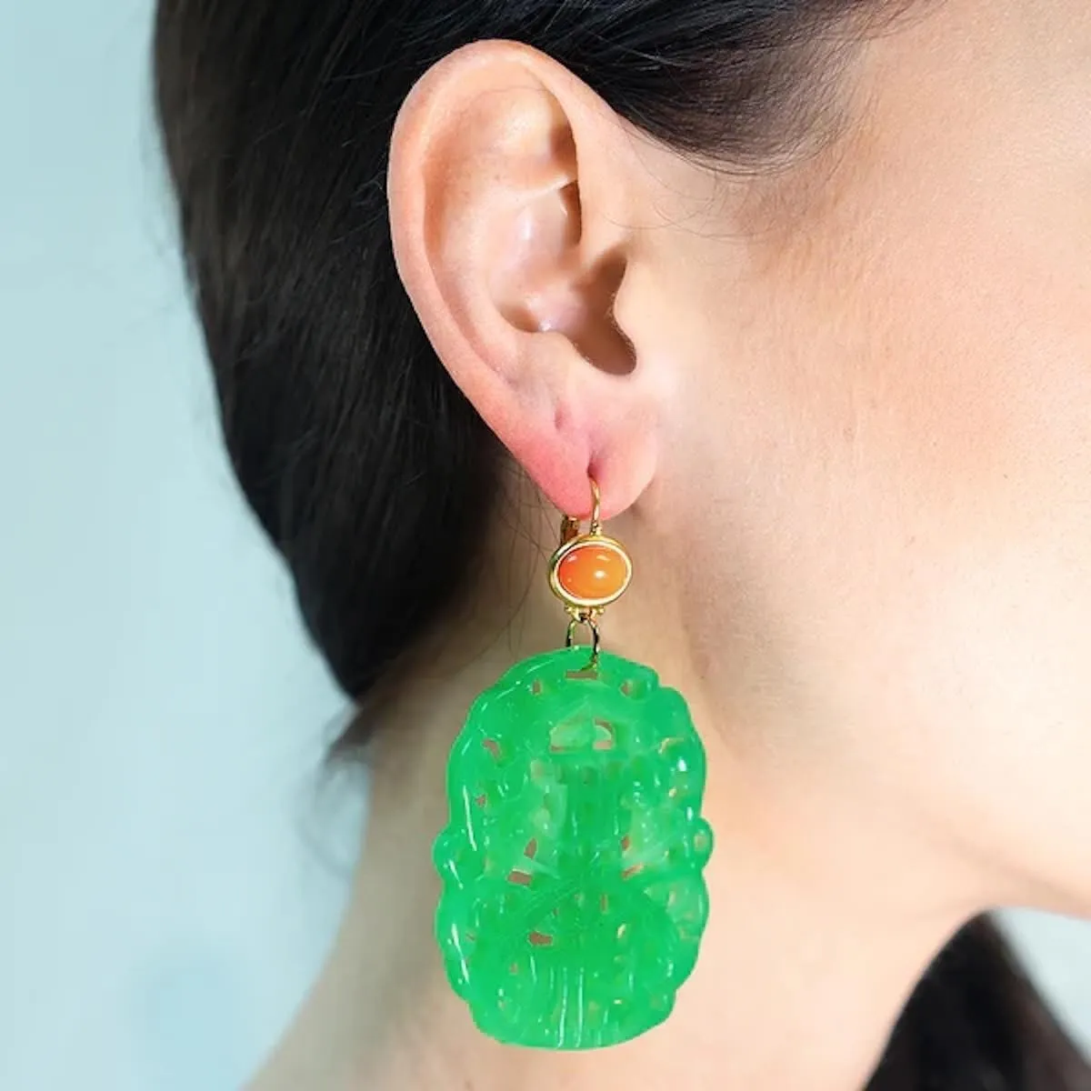 Kenneth Jay Lane Colorful Carved Resin Large Drop Pierced Leverback Earrings
