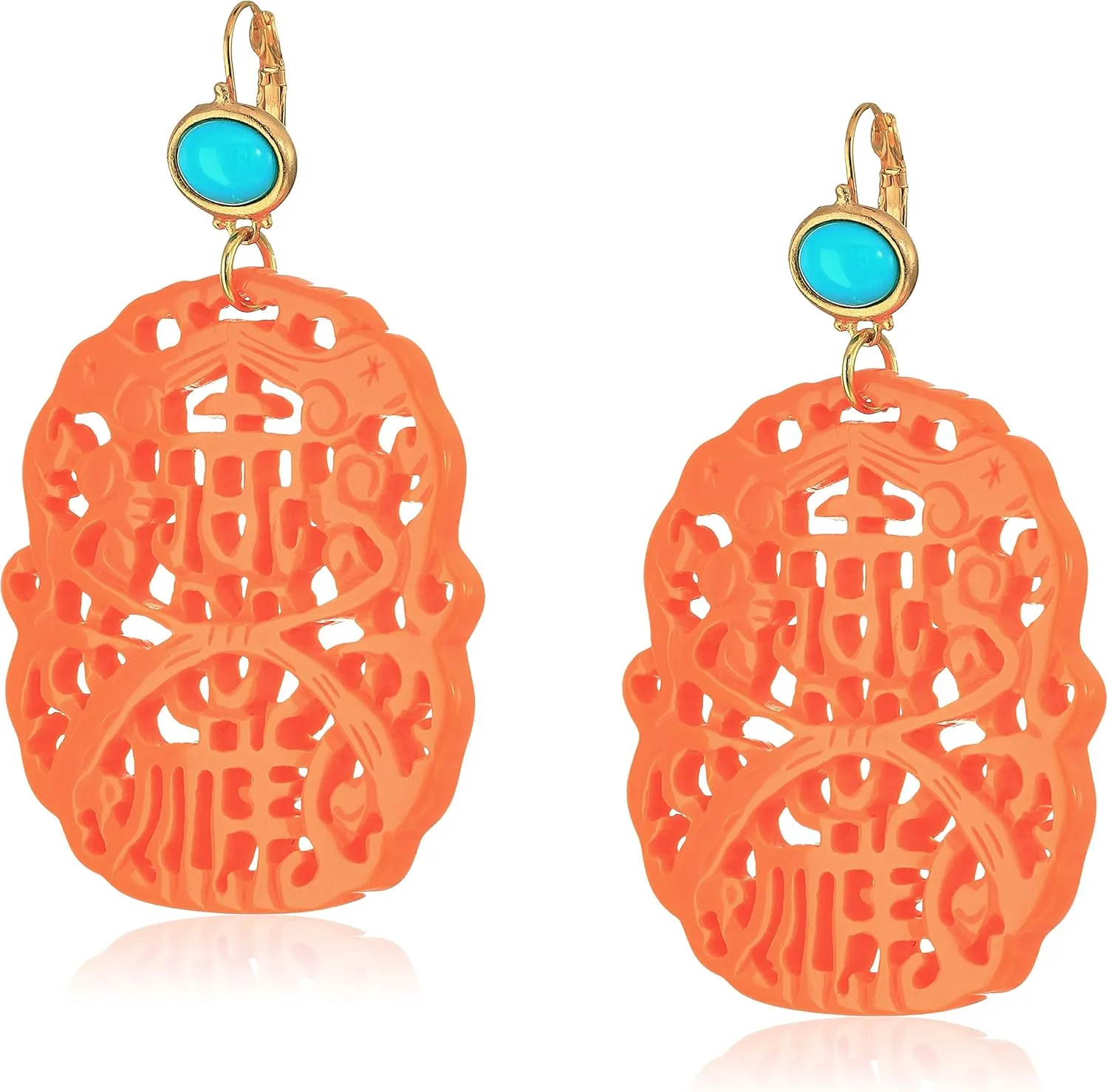 Kenneth Jay Lane Colorful Carved Resin Large Drop Pierced Leverback Earrings