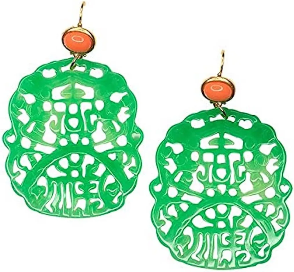 Kenneth Jay Lane Colorful Carved Resin Large Drop Pierced Leverback Earrings