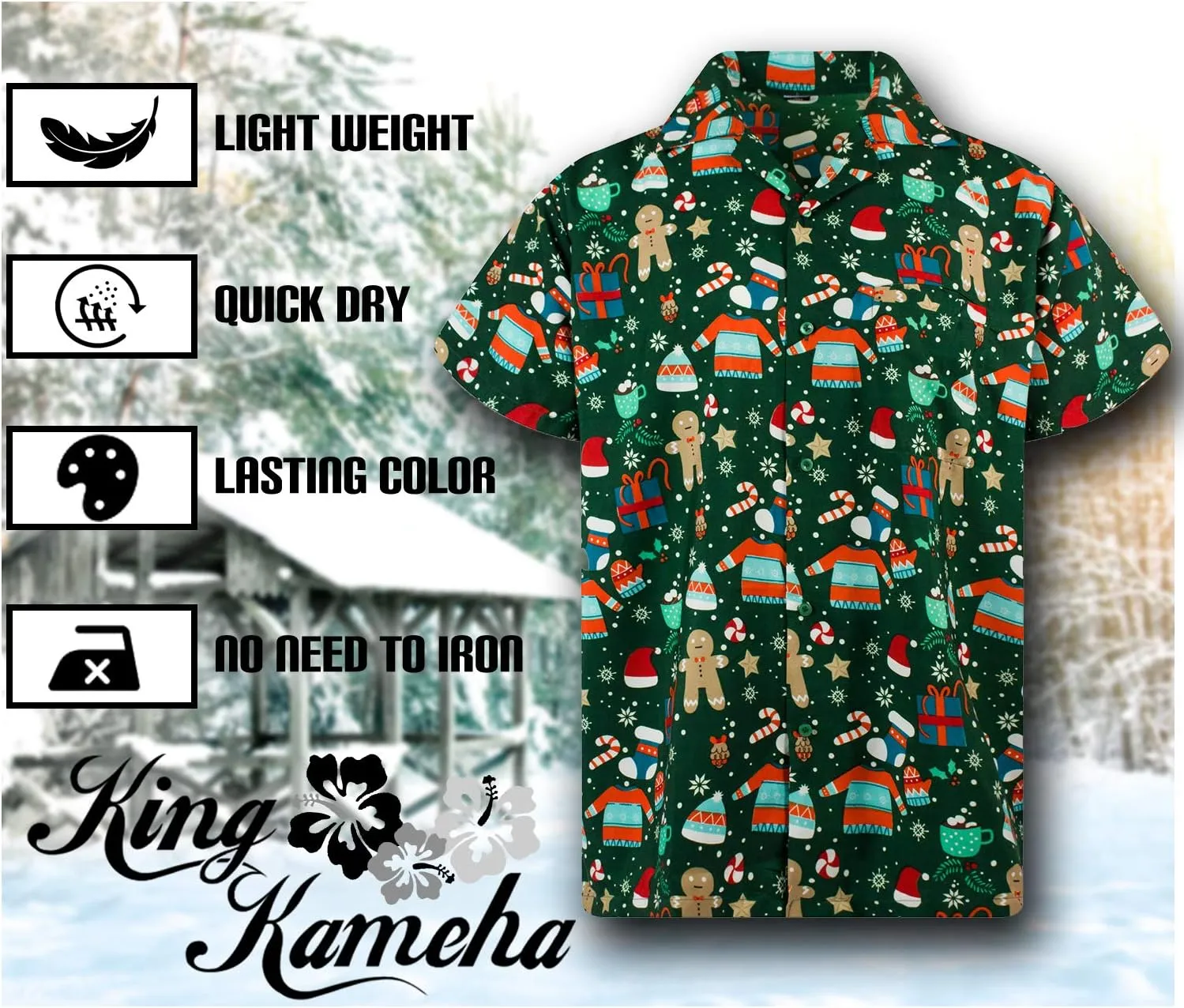 KING KAMEHA Men's Ugly-Christmas-Shirts Funky Short-Sleeve Button-Up Ginger-Bread Print Casual