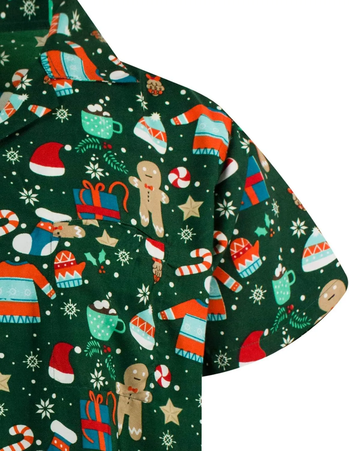 KING KAMEHA Men's Ugly-Christmas-Shirts Funky Short-Sleeve Button-Up Ginger-Bread Print Casual