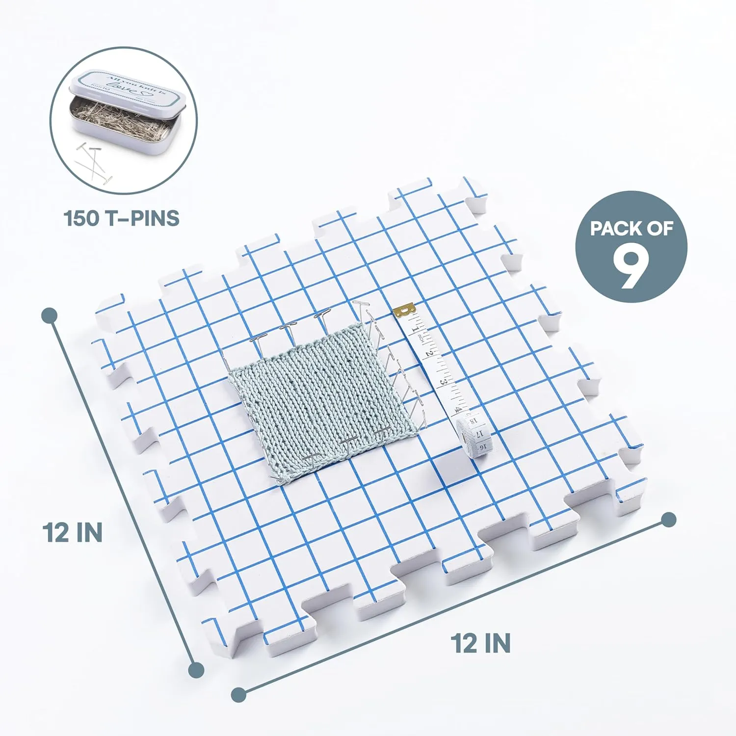 KnitIQ Pack of 9 Blocking Mats for Knitting and Crocheting - Extra Thick Blocking Boards for Crochet Projects - Block Mats for Knitting with Circular Gridlines, 150 T-Pins, and Storage Bag