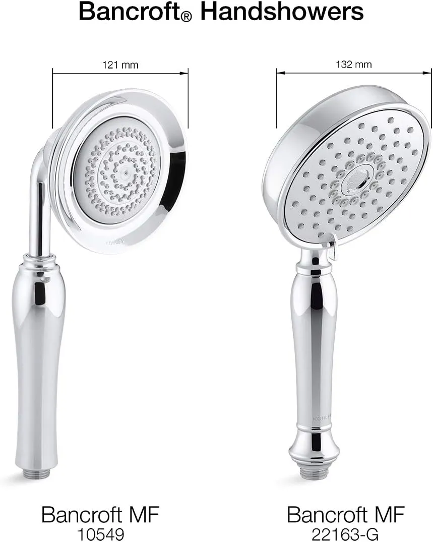 KOHLER 22163-CP Bancroft Multi-Function Handshower, Handheld Showerhead with 3 Spray Settings, 2.5 GPM, Polished Chrome