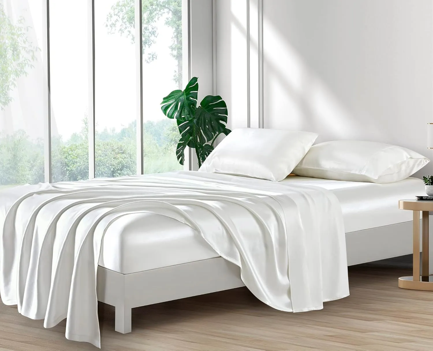 Lanest Housing Silk Satin Sheets, Full Size Satn Bed Sheet Set with Deep Pockets, Cooling Soft and Hypoallergenic Satin Sheets Full - Ivory