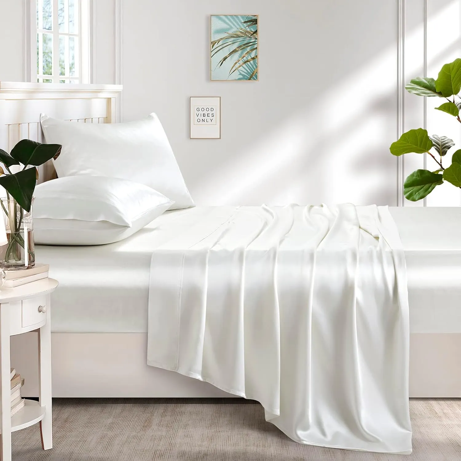 Lanest Housing Silk Satin Sheets, Full Size Satn Bed Sheet Set with Deep Pockets, Cooling Soft and Hypoallergenic Satin Sheets Full - Ivory