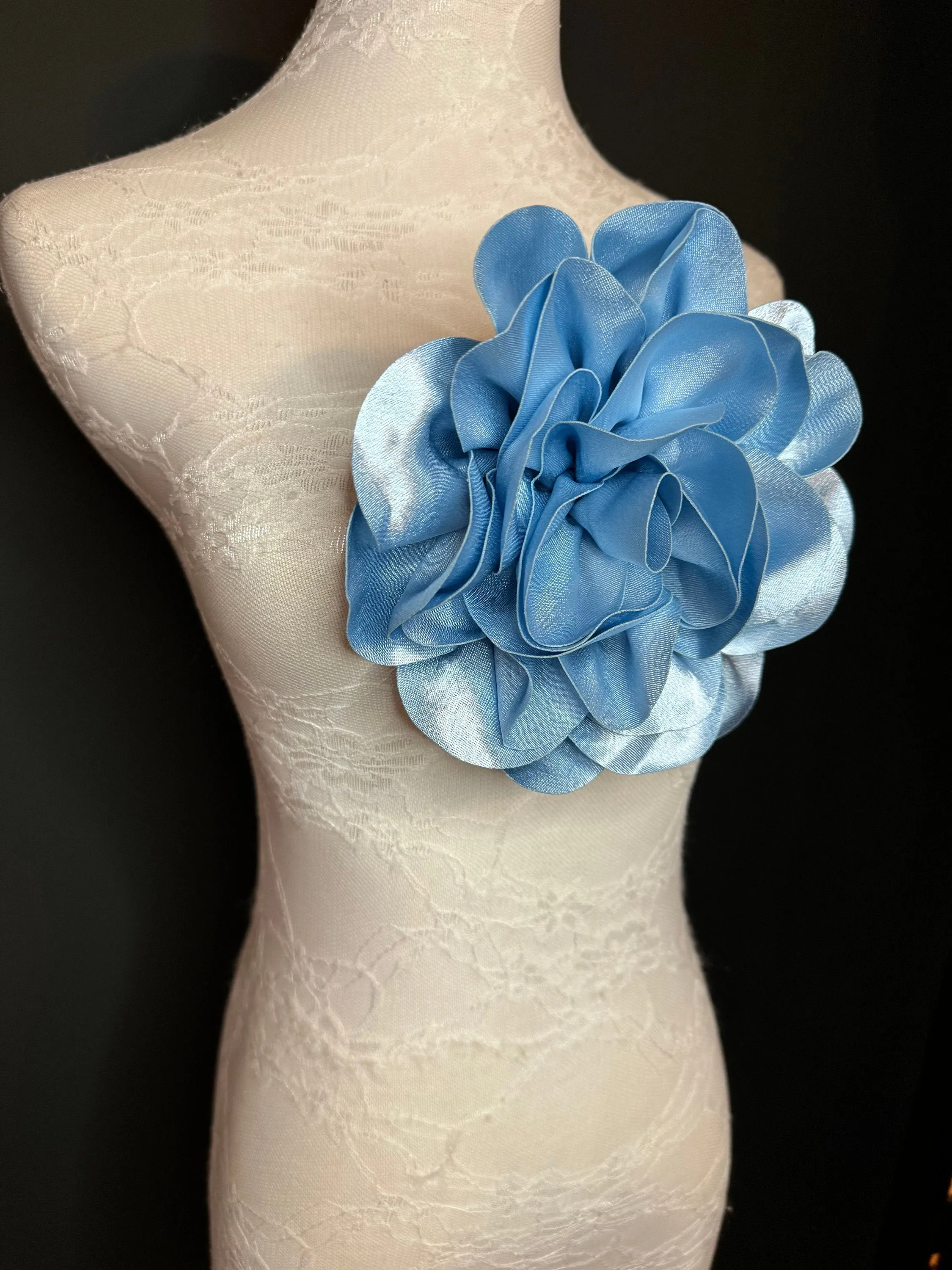 Large 3D Corsage Flower, Satin Fabric, 6 Colours, 11” Wide, Pin on Corsage, Bridal, Clothing, Dress, Hat, Wedding, FAN Design, Race Day,Gift