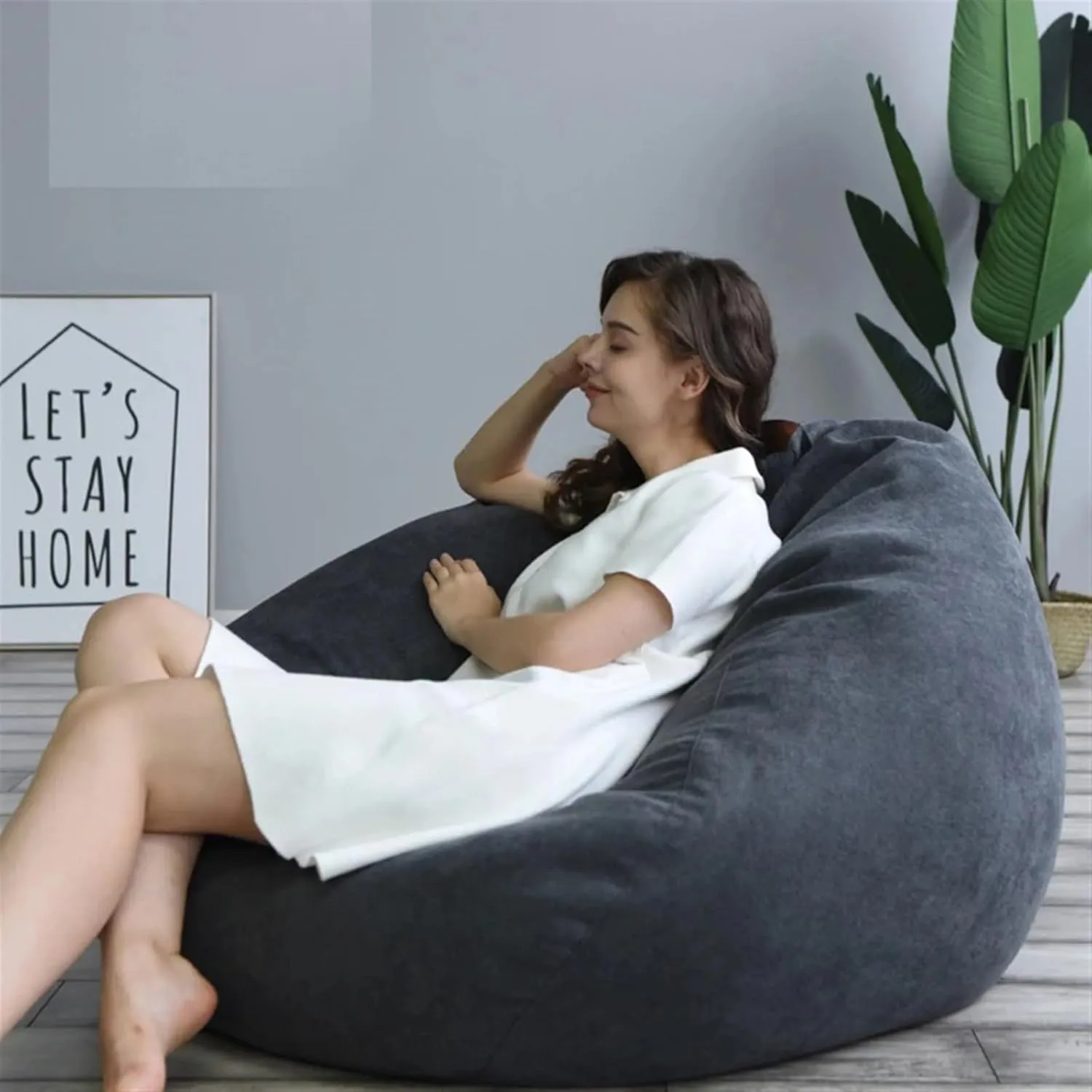 Large Small Lazy Sofa Cover Chairs Without Filler Linen Cloth Lounger Seat Bean Bag Pouf Puff Couch Tatami Living Room Bedroom (Color : Khaki, Size : 80x90cm)