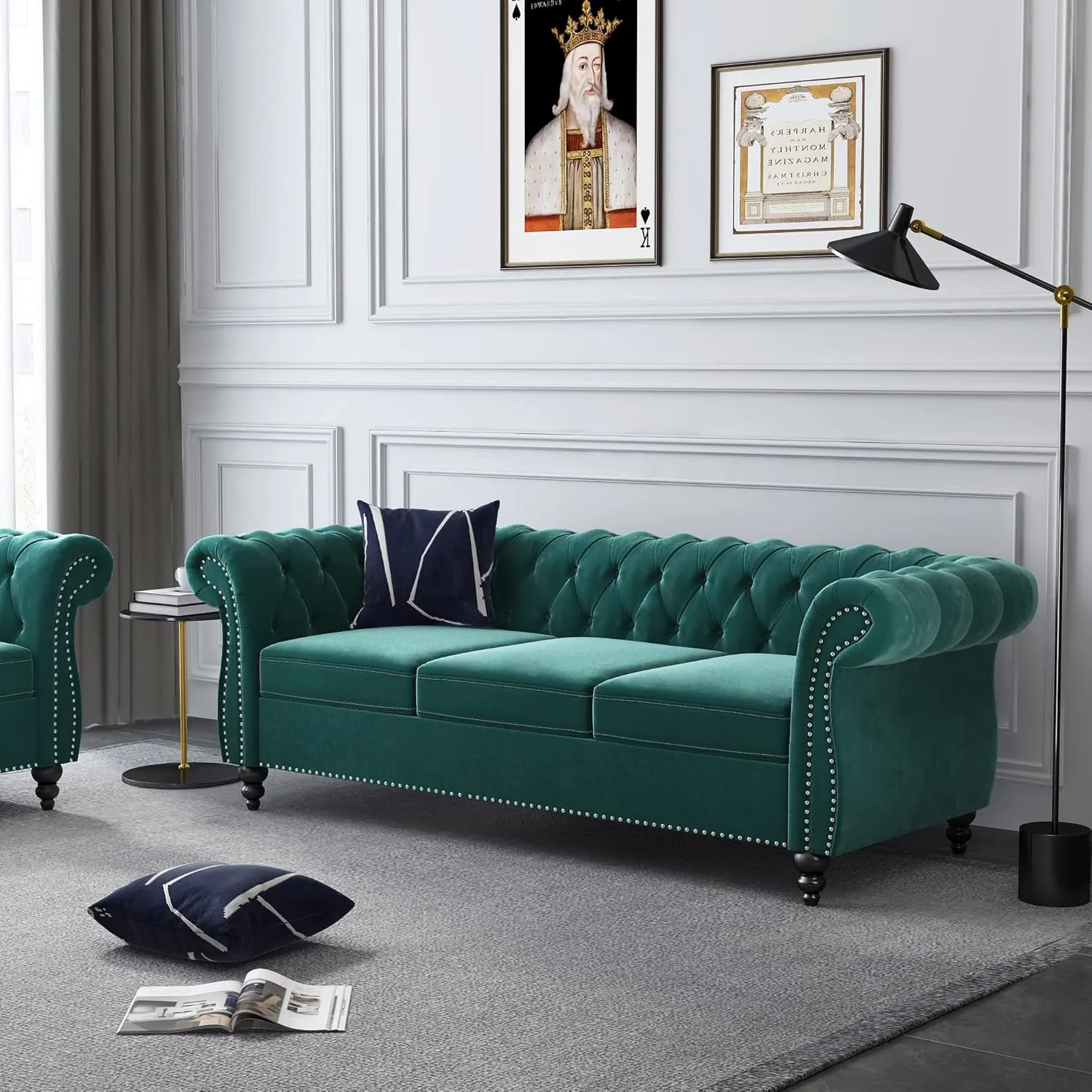 Large Sofa, Velvet Sofa Three-seat Sofa Classic Tufted Chesterfield Settee Sofas Modern 3 Seater Couch Furniture Tufted Back for Living Room (Green)
