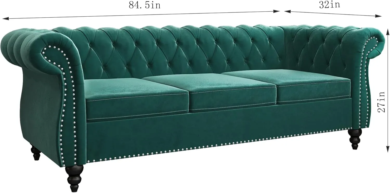 Large Sofa, Velvet Sofa Three-seat Sofa Classic Tufted Chesterfield Settee Sofas Modern 3 Seater Couch Furniture Tufted Back for Living Room (Green)