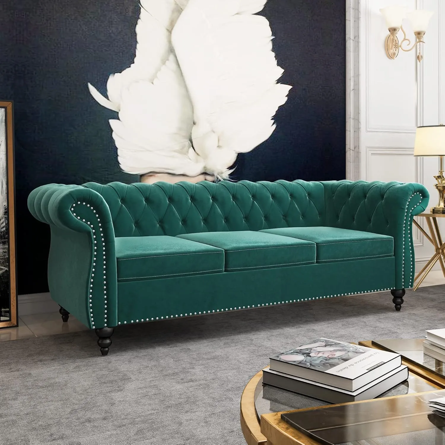 Large Sofa, Velvet Sofa Three-seat Sofa Classic Tufted Chesterfield Settee Sofas Modern 3 Seater Couch Furniture Tufted Back for Living Room (Green)