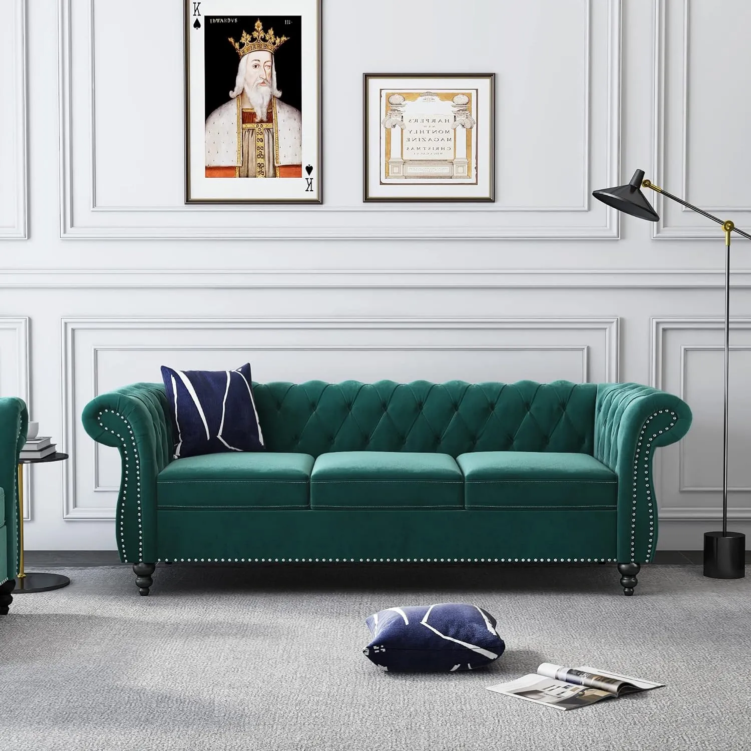 Large Sofa, Velvet Sofa Three-seat Sofa Classic Tufted Chesterfield Settee Sofas Modern 3 Seater Couch Furniture Tufted Back for Living Room (Green)