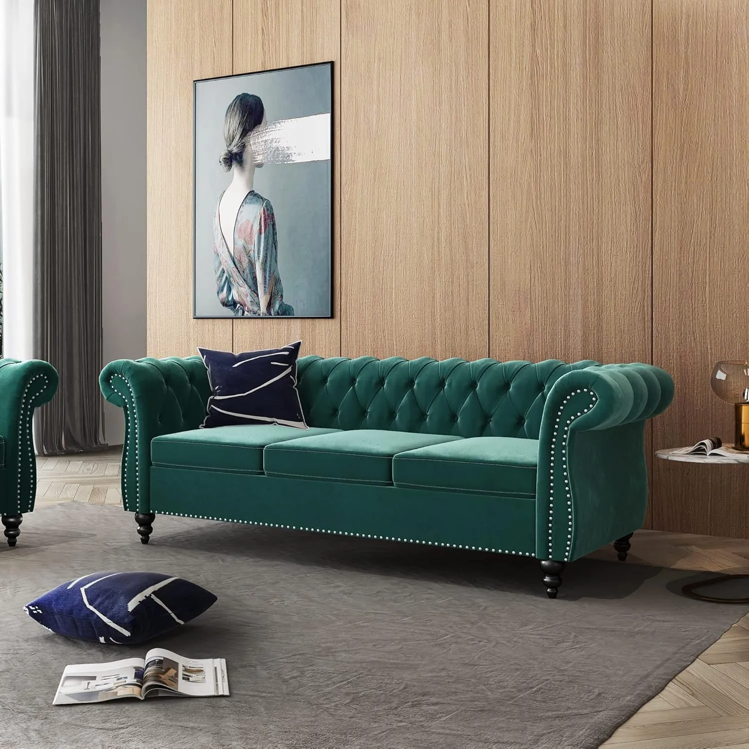 Large Sofa, Velvet Sofa Three-seat Sofa Classic Tufted Chesterfield Settee Sofas Modern 3 Seater Couch Furniture Tufted Back for Living Room (Green)