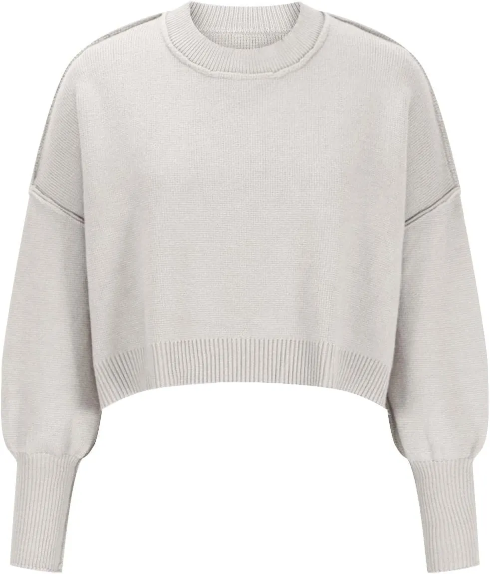 Lastesso Sweaters for Women Trendy Crop Long Sleeve Crew Neck Loose Sweater Clothes Loose Solid Knitted Preppy Outfits