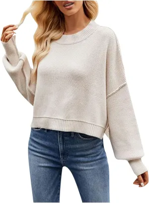 Lastesso Sweaters for Women Trendy Crop Long Sleeve Crew Neck Loose Sweater Clothes Loose Solid Knitted Preppy Outfits