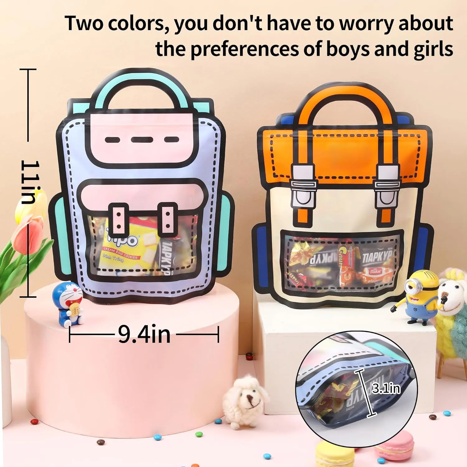 Lati Large Classroom Plastic Gift Bags with Handles,20PCS Cartoon Backpack Bag for Party, Wedding, Birthday, Bulk Goodie Bags for Candy, Party Favors, Snacks