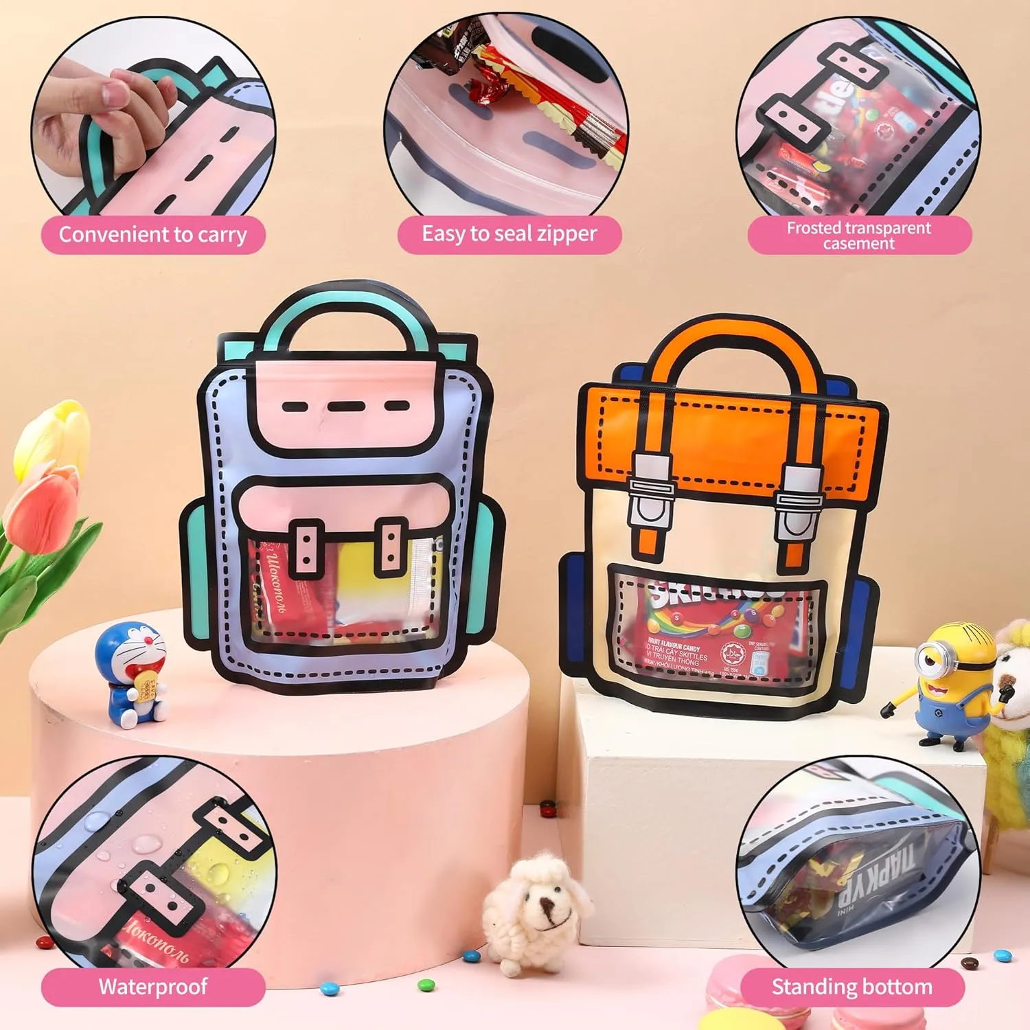 Lati Large Classroom Plastic Gift Bags with Handles,20PCS Cartoon Backpack Bag for Party, Wedding, Birthday, Bulk Goodie Bags for Candy, Party Favors, Snacks