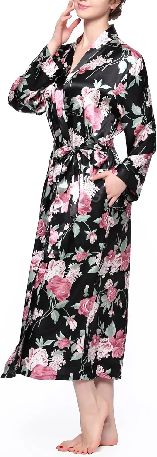 Lavenderi Women's Satin Kimono Robe - Long Classic Satin Lounge Bathrobe