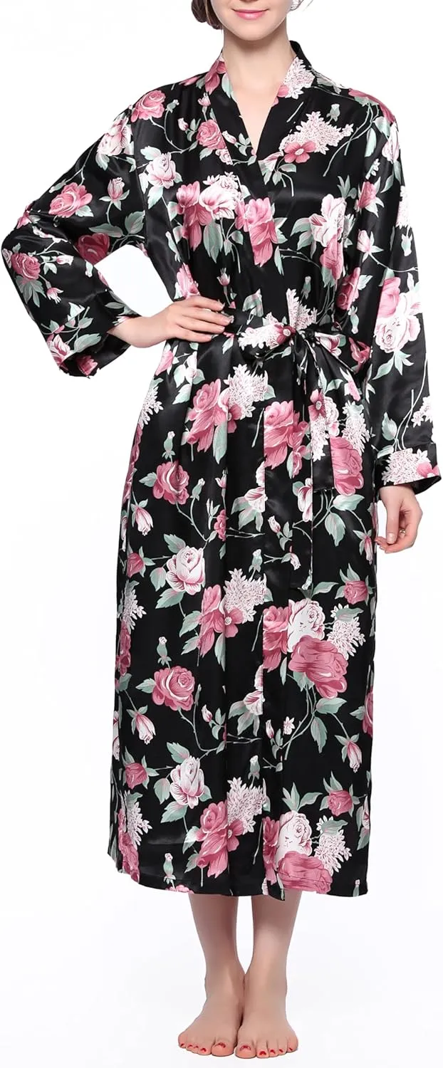 Lavenderi Women's Satin Kimono Robe - Long Classic Satin Lounge Bathrobe