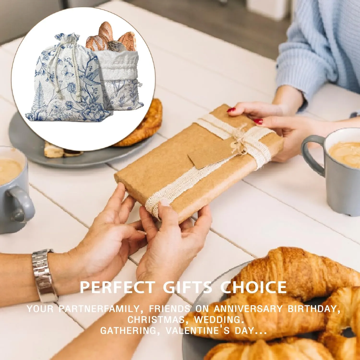 Linen Bread Bags for Sourdough Bread 2Pcs, Beeswax Bread Bags for Sourdough, Chinoiserie Floral Decor For Kitchen Cloth Linen Bread Bag for Homemade Bread Box, Sourdough Bread Bag Reusable, Baker Housewarming Gifts16.5×12