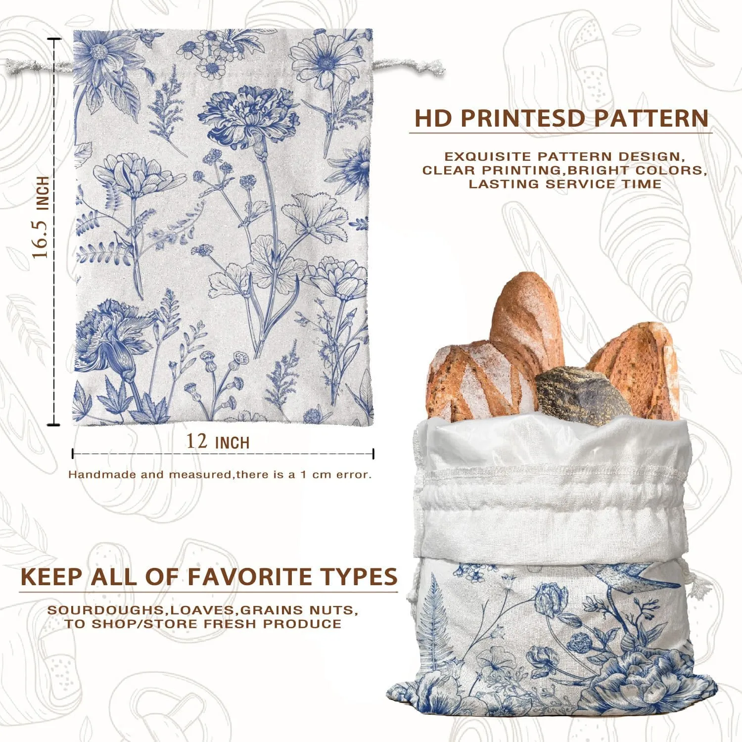 Linen Bread Bags for Sourdough Bread 2Pcs, Beeswax Bread Bags for Sourdough, Chinoiserie Floral Decor For Kitchen Cloth Linen Bread Bag for Homemade Bread Box, Sourdough Bread Bag Reusable, Baker Housewarming Gifts16.5×12