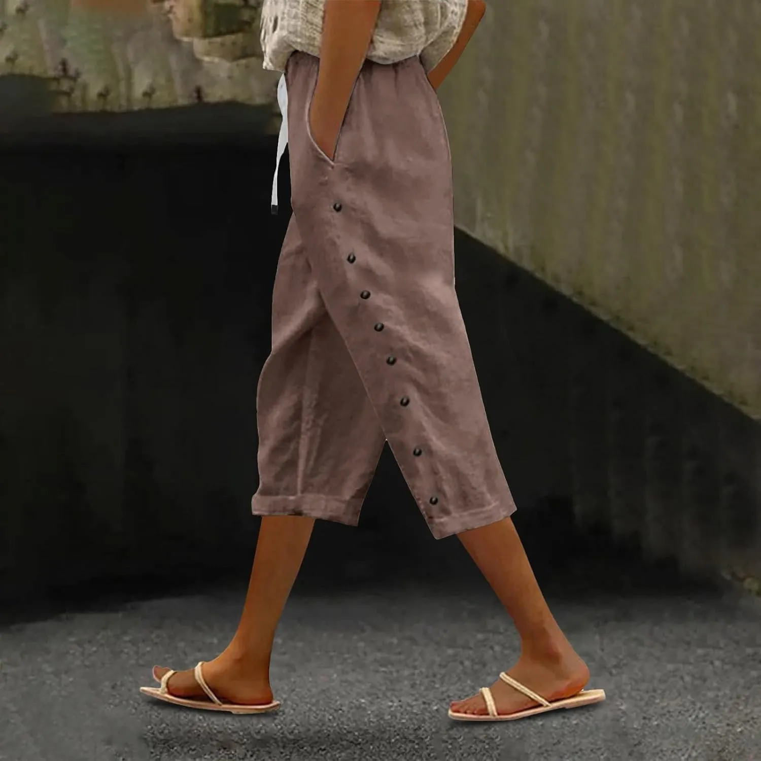 Linen Capri Pants for Women Casual High Waisted Straight Leg Lounge Pants Fashion Side Button Capris with Pockets