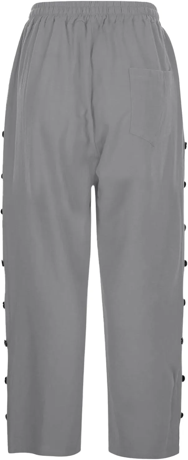 Linen Capri Pants for Women Casual High Waisted Straight Leg Lounge Pants Fashion Side Button Capris with Pockets