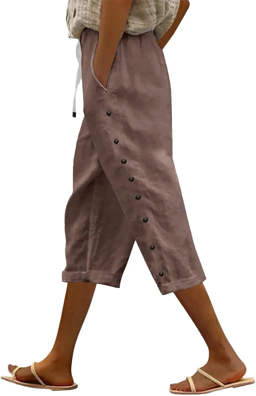 Linen Capri Pants for Women Casual High Waisted Straight Leg Lounge Pants Fashion Side Button Capris with Pockets