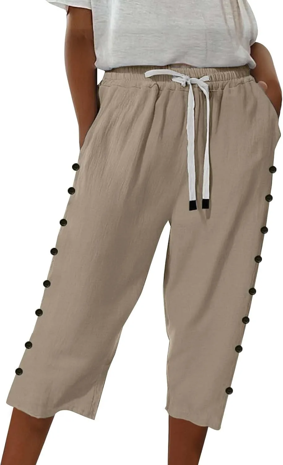 Linen Capri Pants for Women Casual High Waisted Straight Leg Lounge Pants Fashion Side Button Capris with Pockets