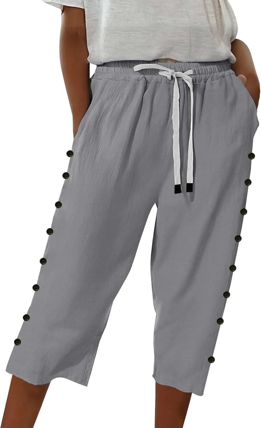 Linen Capri Pants for Women Casual High Waisted Straight Leg Lounge Pants Fashion Side Button Capris with Pockets