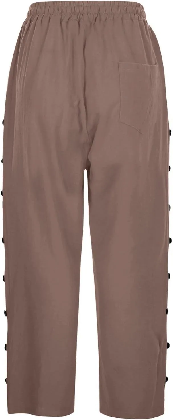 Linen Capri Pants for Women Casual High Waisted Straight Leg Lounge Pants Fashion Side Button Capris with Pockets