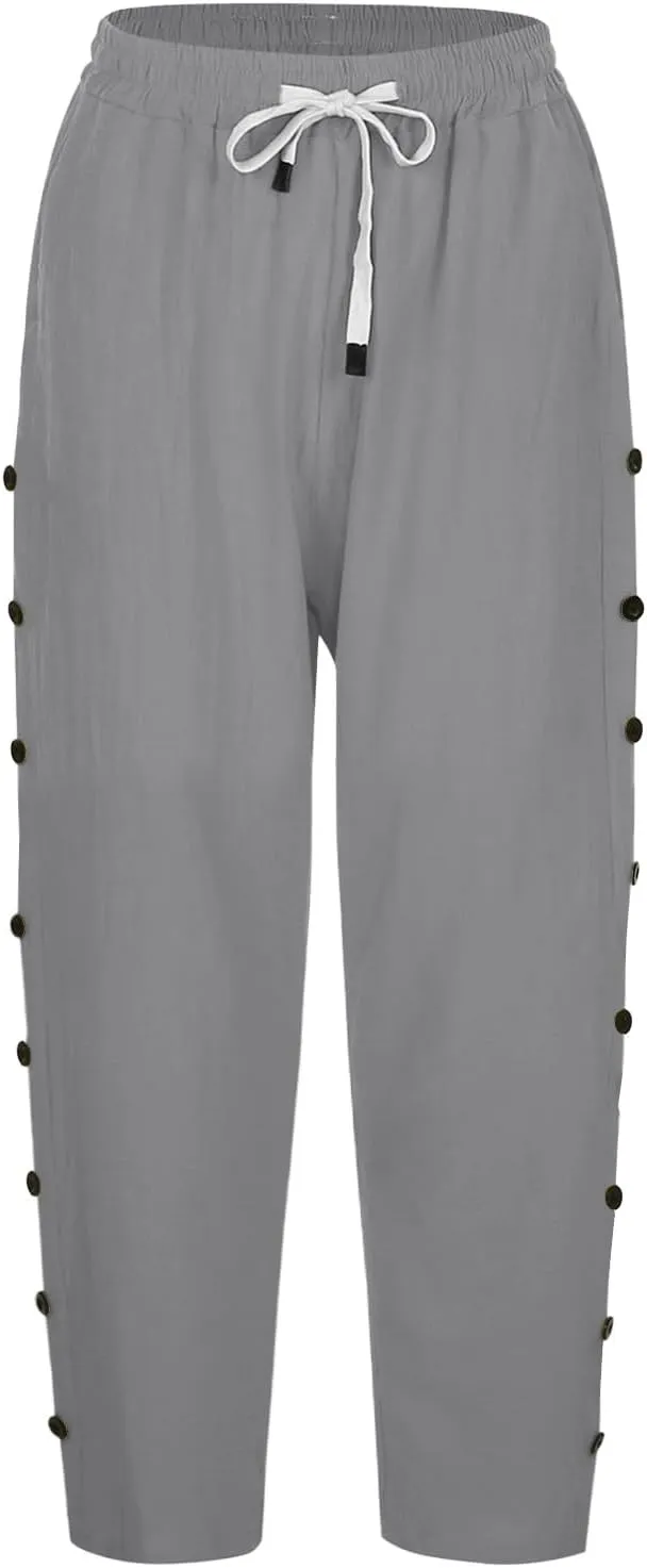 Linen Capri Pants for Women Casual High Waisted Straight Leg Lounge Pants Fashion Side Button Capris with Pockets