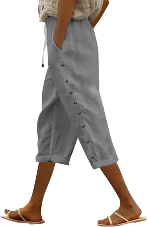 Linen Capri Pants for Women Casual High Waisted Straight Leg Lounge Pants Fashion Side Button Capris with Pockets