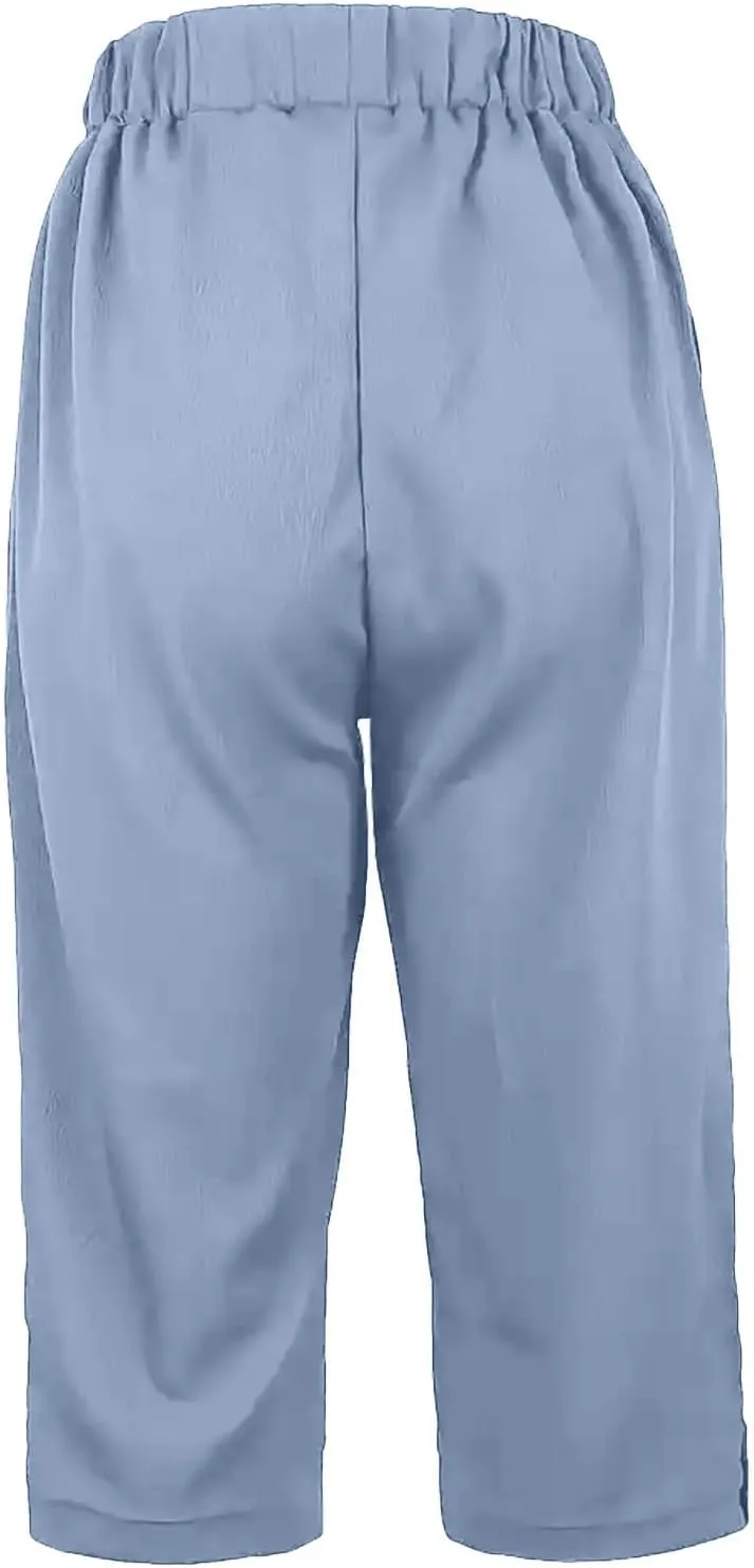 Linen Capri Pants for Women High Waisted Straight Leg Palazzo Trousers Lightweight Beach Lounge Pants with Pockets