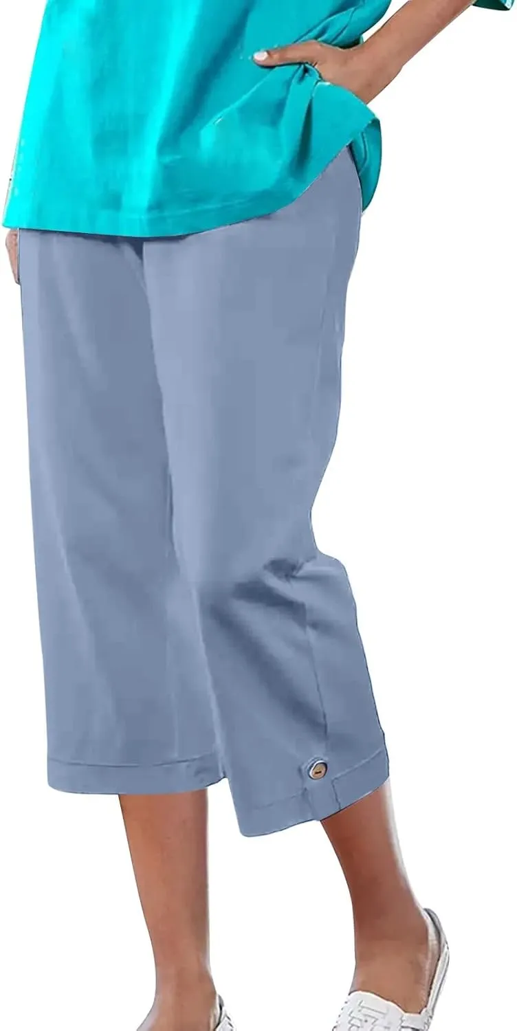 Linen Capri Pants for Women High Waisted Straight Leg Palazzo Trousers Lightweight Beach Lounge Pants with Pockets