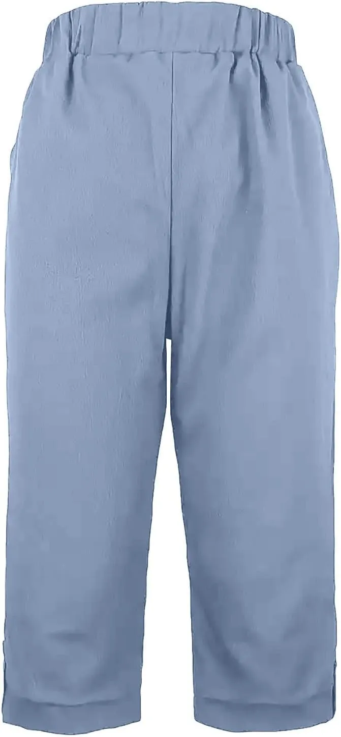 Linen Capri Pants for Women High Waisted Straight Leg Palazzo Trousers Lightweight Beach Lounge Pants with Pockets