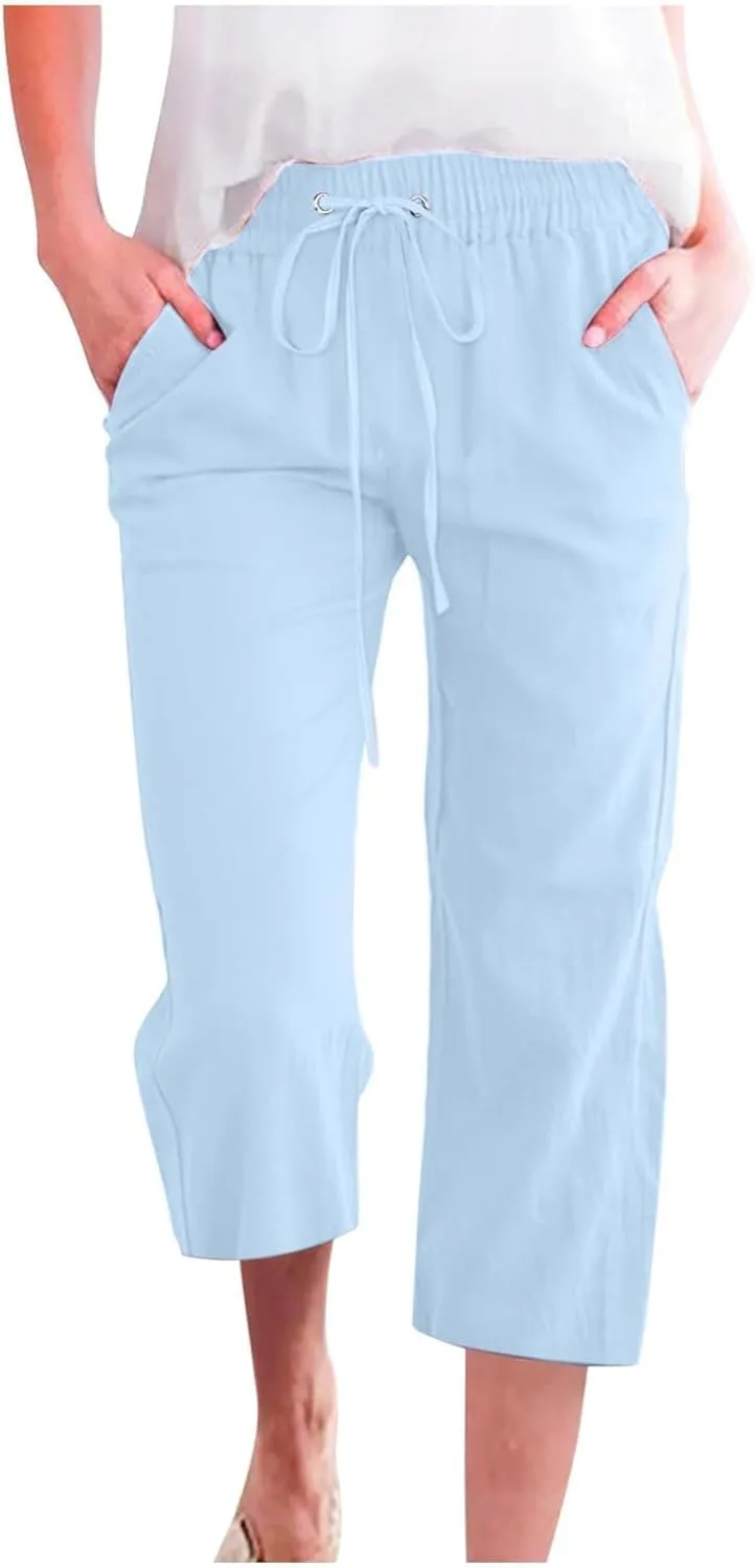 Linen Capri Pants for Women Plus Size Elastic High Waist Wide Leg Lounge Pants Summer Casual Comfy Beach Trousers