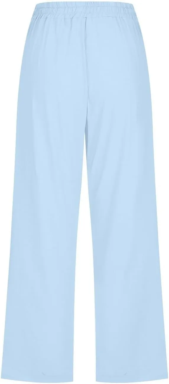Linen Capri Pants for Women Plus Size Elastic High Waist Wide Leg Lounge Pants Summer Casual Comfy Beach Trousers