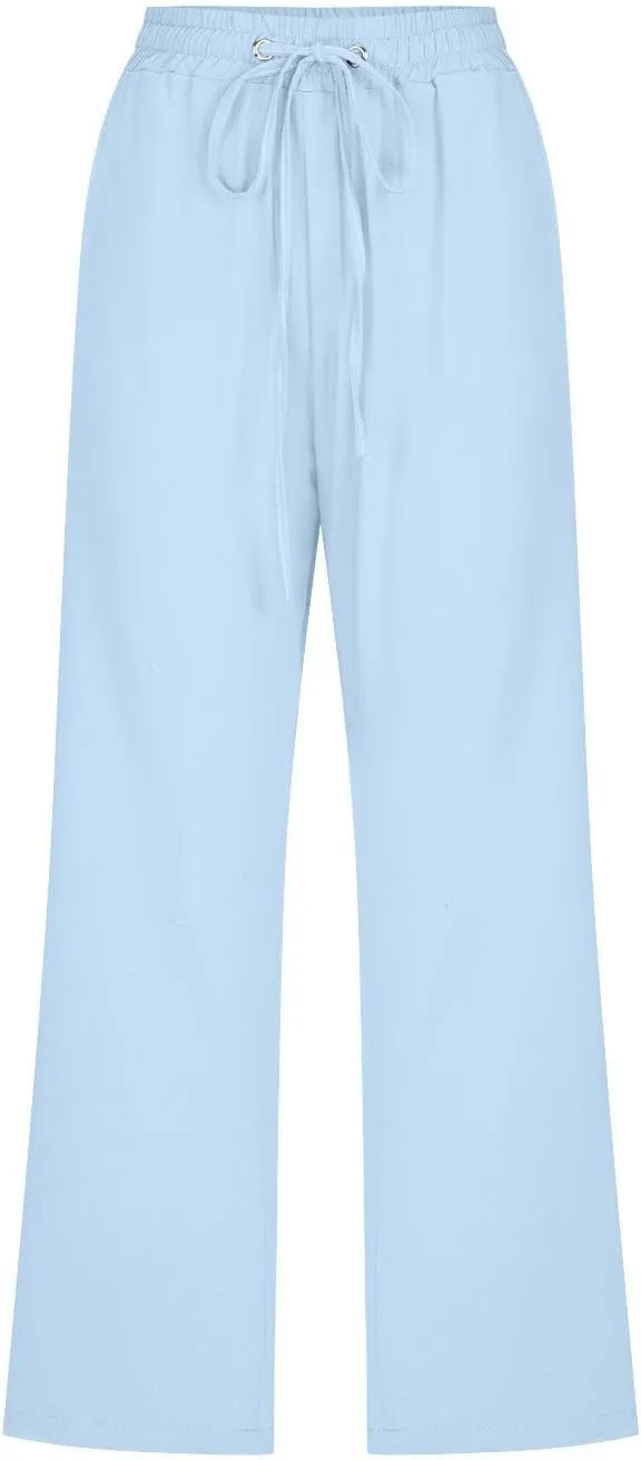 Linen Capri Pants for Women Plus Size Elastic High Waist Wide Leg Lounge Pants Summer Casual Comfy Beach Trousers