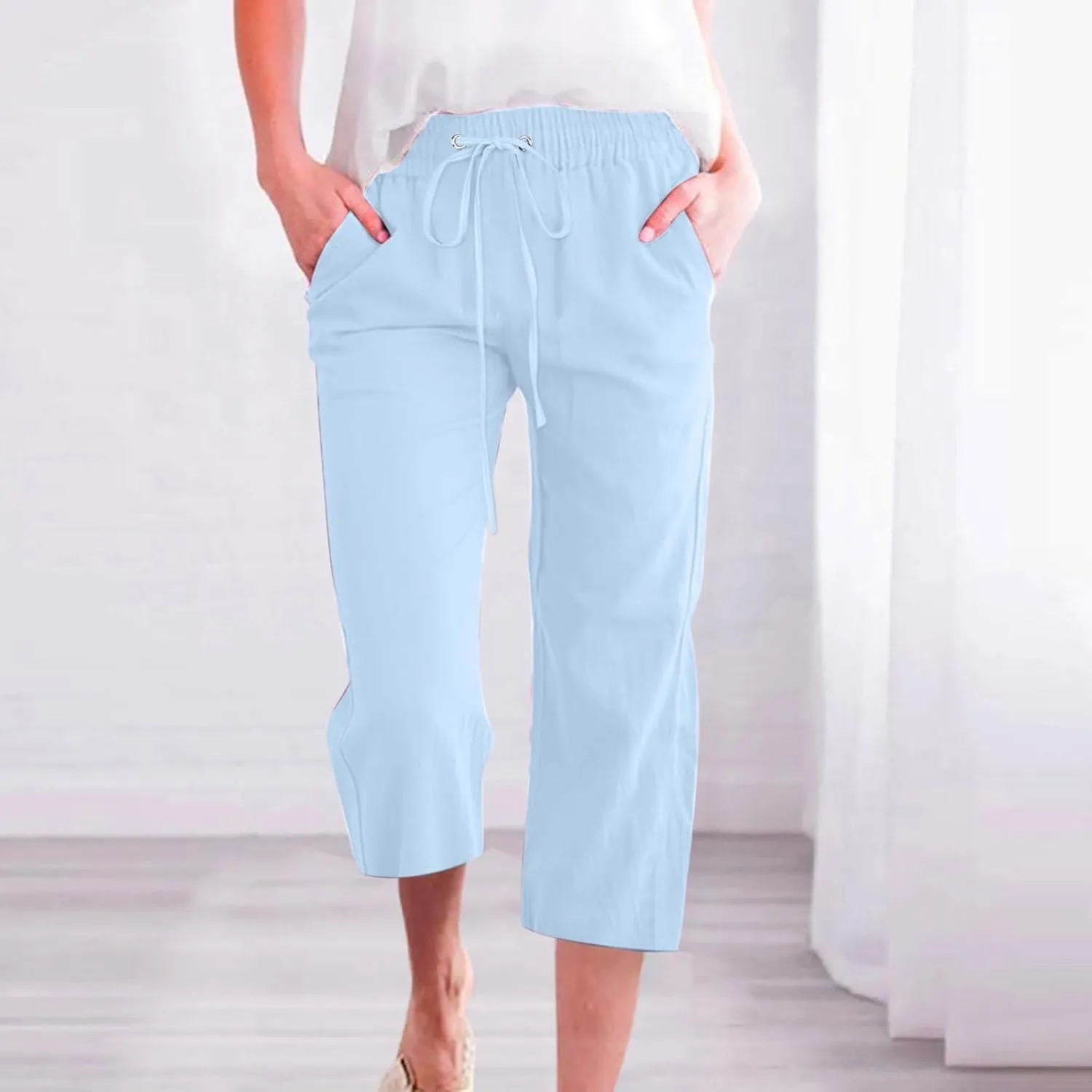 Linen Capri Pants for Women Plus Size Elastic High Waist Wide Leg Lounge Pants Summer Casual Comfy Beach Trousers