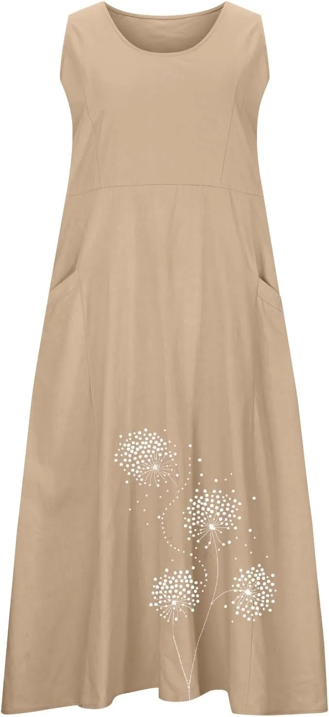 Linen Dresses for Women Summer Sleeveless Maxi Dresses Dressy Casual Crewneck Sun Dresses Trendy Summer Beach Outfits