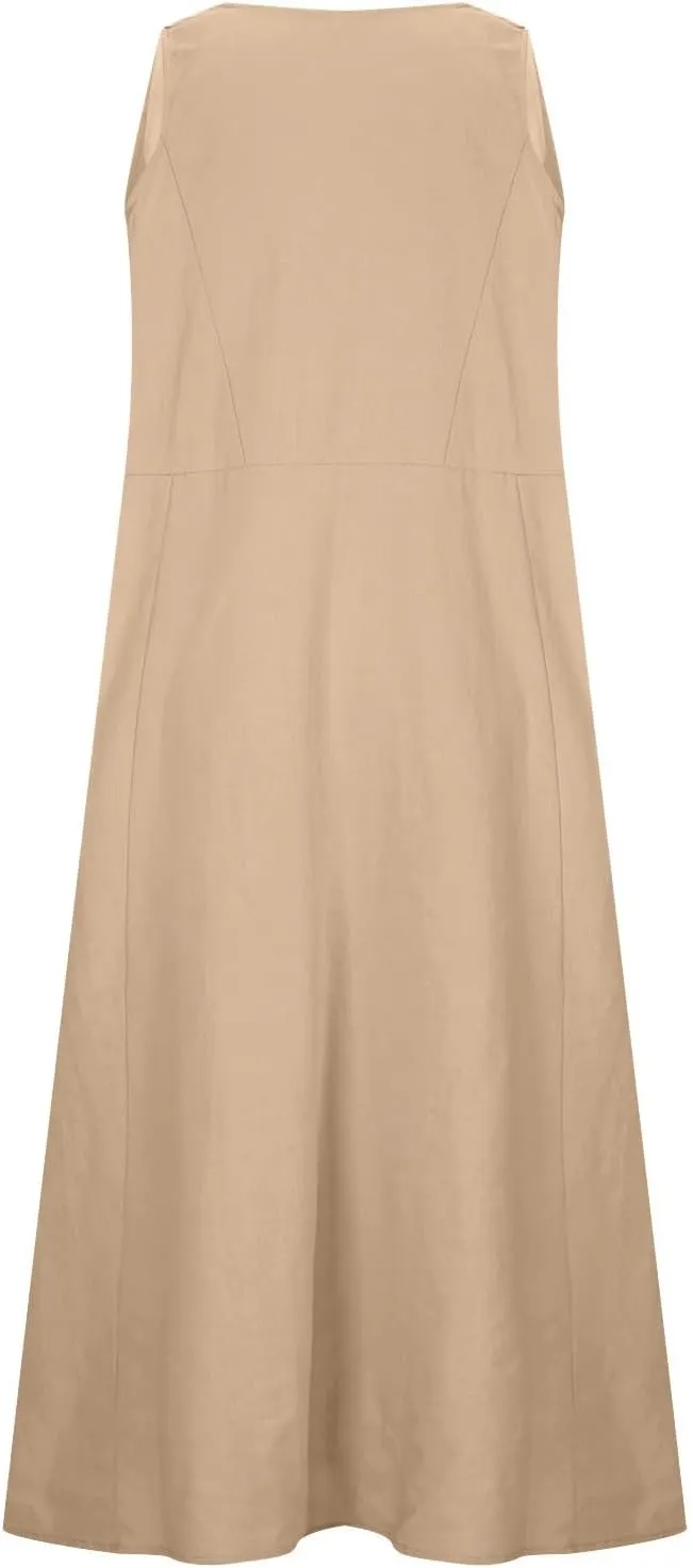 Linen Dresses for Women Summer Sleeveless Maxi Dresses Dressy Casual Crewneck Sun Dresses Trendy Summer Beach Outfits