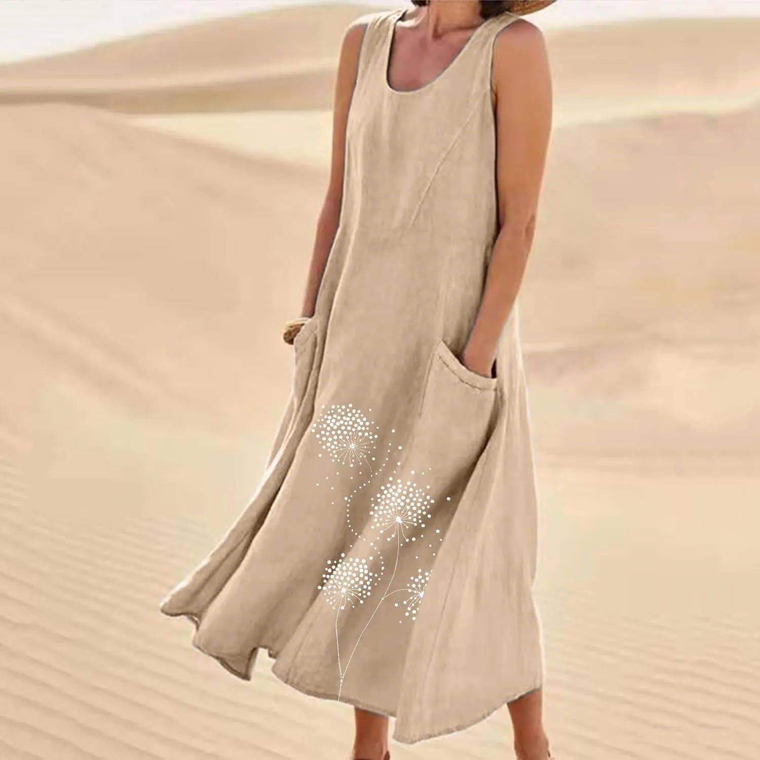 Linen Dresses for Women Summer Sleeveless Maxi Dresses Dressy Casual Crewneck Sun Dresses Trendy Summer Beach Outfits