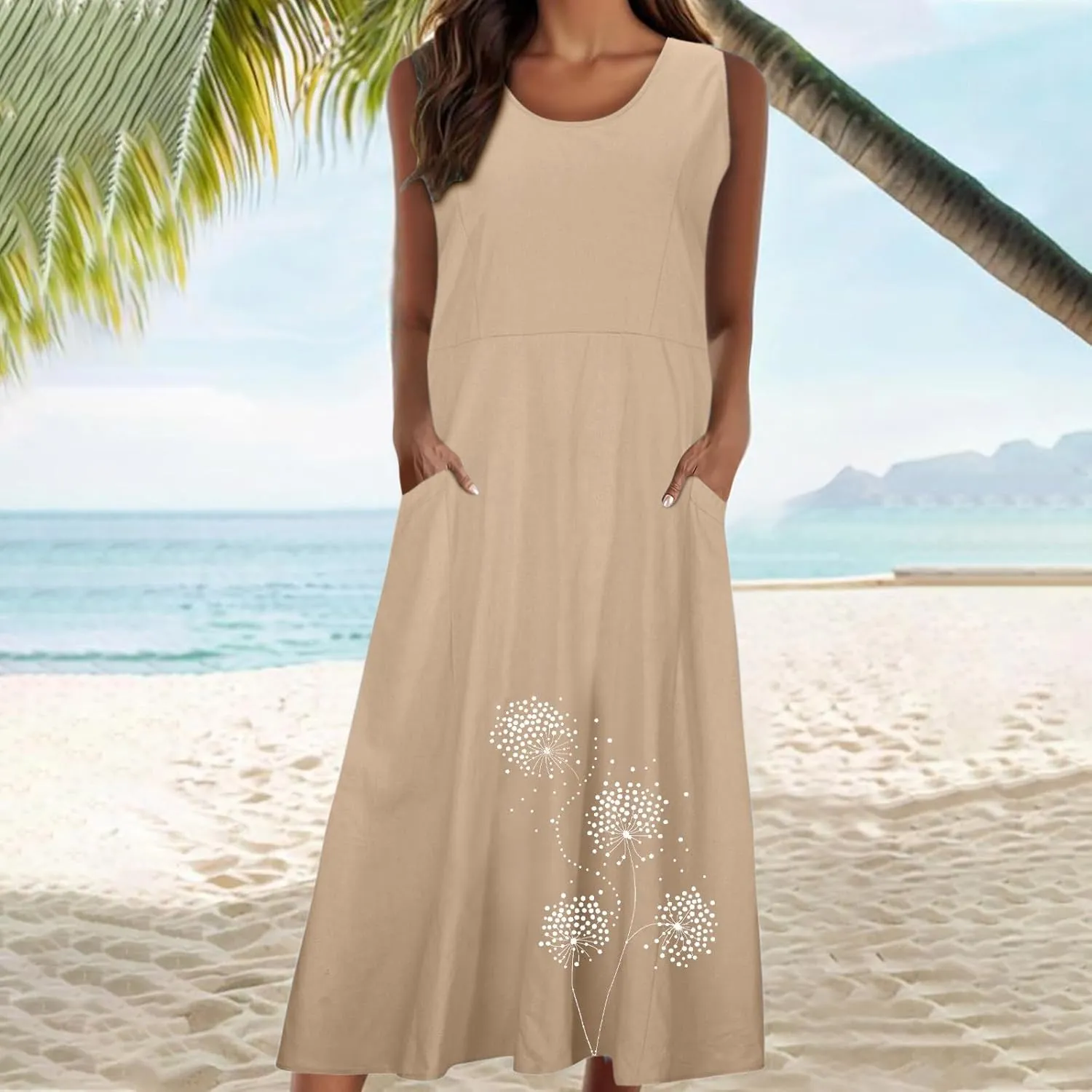 Linen Dresses for Women Summer Sleeveless Maxi Dresses Dressy Casual Crewneck Sun Dresses Trendy Summer Beach Outfits