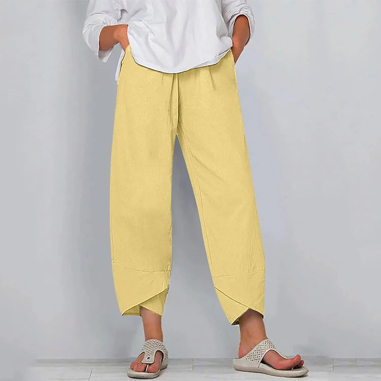 Linen Pants for Women Summer Casual Capri Pants with Pockets Baggy Comfy Wide Leg Trousers Lounge Palazzo Pants